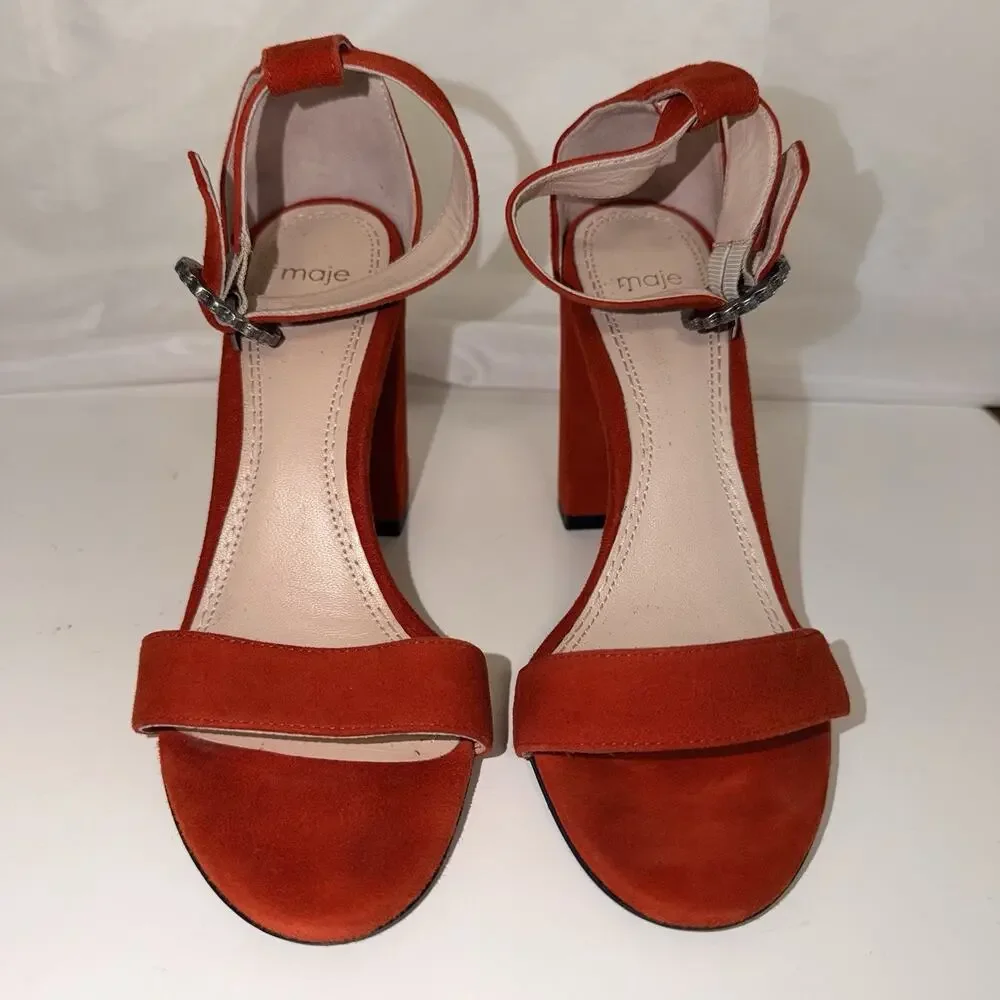 Maje Faria Red Suede Block Heel Sandals 37 US 6.5 Crystal Buckle Portugal JB2